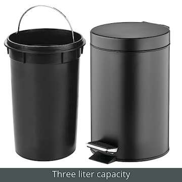 mDesign Pedal Bin — Metal Waste Bin with Pedal, Lid and Plastic Bucket Insert — for Bathroom, Kitchen, and Office — 3 Litre Household Rubbish Bin with Ergonomic Design — Black