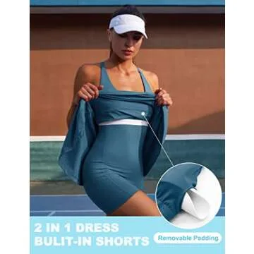 IUGA Womens Tennis Dress Built in Shorts & Bra Adjustable Straps Exercise Workout Dress with Pockets Golf Athletic Dresses Sea Blue