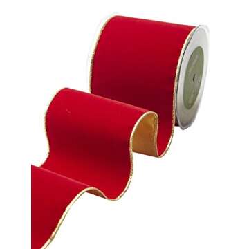 May Arts Red 4 Inch Velvet Ribbon with Gold Backing, 10 yd