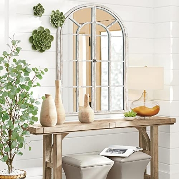 NeuType Arched Wall Mirror 36"x 24" Window Mirror Wood Framed Arched Mirror Farmhouse Mirror Decorat...