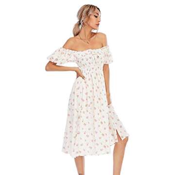 R.Vivimos Womens Summer Floral Print Puff Sleeves Vintage Ruffles Midi Dress (X-Small, White)