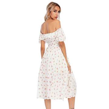 R.Vivimos Womens Summer Floral Print Puff Sleeves Vintage Ruffles Midi Dress (X-Small, White)