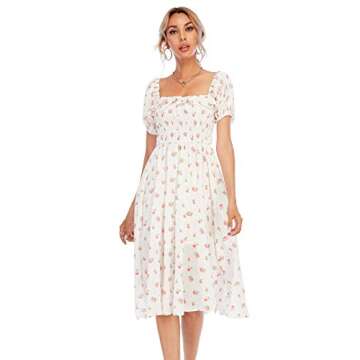 R.Vivimos Womens Summer Floral Print Puff Sleeves Vintage Ruffles Midi Dress (X-Small, White)