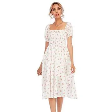 R.Vivimos Womens Summer Floral Print Puff Sleeves Vintage Ruffles Midi Dress (X-Small, White)