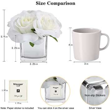 Nisoger Artificial Flowers in Vase, White Silk Rose Faux Flowers in Vase, Fake Flowers with Vase Bouquets Arrangements Home Decoration
