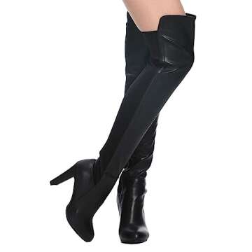 Shoe'N Tale Women Faux Suede Chunky Heel Stretch Over The Knee Thigh High Boots(6.5,Black PU)