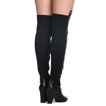 Shoe'N Tale Women Faux Suede Chunky Heel Stretch Over The Knee Thigh High Boots(6.5,Black PU)