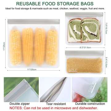 SPLF 10 Pack BPA FREE Reusable Storage Bags (5 Reusable Sandwich Bags, 3 Reusable Snack Bags, 2 Reusable Gallon Bags), Extra Thick Freezer Bags Leakproof Silicone and Plastic Free Bags