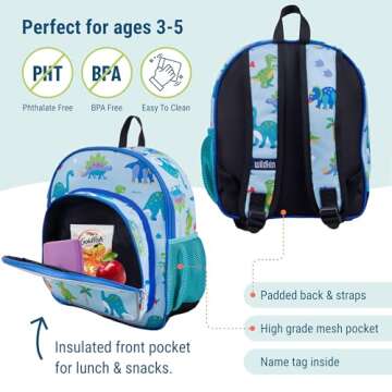Wildkin 12-inch Kids Backpack – Padded, Adjustable, Ideal for Daycare & Travel - Dinosaur Land