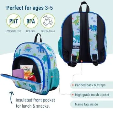 Wildkin 12-inch Kids Backpack – Padded, Adjustable, Ideal for Daycare & Travel - Dinosaur Land