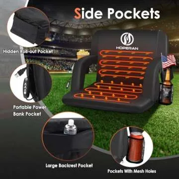 HOPERAN 2pcs Double Heated Stadium Seats for Bleachers with Back Support 25" Wide Cushion, Extra Portable Bleacher Seat Foldable Stadium Chair, USB 3 Levels of Heat, 5 Pockets for Outdoor Games Sports