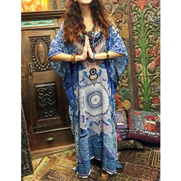 GRACIN Plus Size Kaftan Dress African Caftan Beach Cover Up Lounger Nightdress for Women (One Size, Blue2)