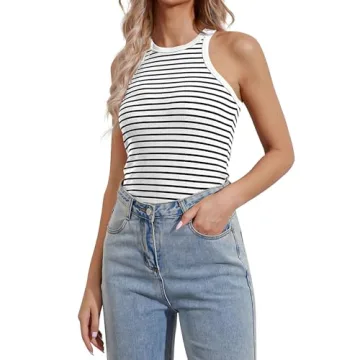 Ziesexy Striped Shirt Women Ribbed Tank Tops for Women High Neck Tops Racerback Sleveless Summer Cas...