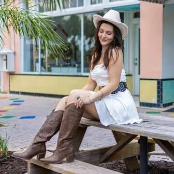 Pasuot Brown Cowboy Boots for Women - Wide Calf Cowgirl Knee High Western with Side Zip and Embroidered, Pointed Toe Chunky Heel Retro Classic Tall Boot Pull On Ladies Fall Winter US 8