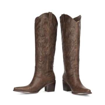 Pasuot Brown Cowboy Boots for Women - Wide Calf Cowgirl Knee High Western with Side Zip and Embroidered, Pointed Toe Chunky Heel Retro Classic Tall Boot Pull On Ladies Fall Winter US 8
