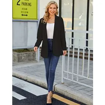 Dazosue Women Open Front Blazers Long Sleeve Casual OL Office Slim Buttonless Suit Jacket with Pockets Black XL