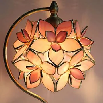 Bieye L10833 Rose Lily Flower Tiffany Style Stained Glass Table Lamp with Vintage Brass Base Electro...