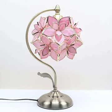 Bieye L10833 Rose Lily Flower Tiffany Style Stained Glass Table Lamp with Vintage Brass Base Electroplating Finish for Bedside Bedroom Living Room Home Decoration, 8 inch Wx17 inch H, 8 inch Rose Lily