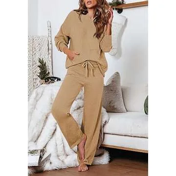 Pink Queen Matching Sets For Women 2 Piece Outfits Sweater Pullover Top Long Pants Set Sweatsuit Pajamas Khaki S