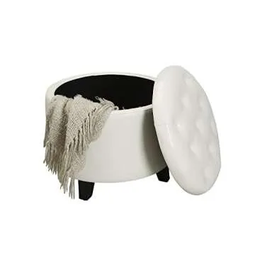 Convenience Concepts Round Storage Ottoman - Ivory Faux Leather