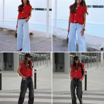 FindThy Women’s Cropped Sweater Vest Cute Crewneck Button Down Sleeveless Crop Knit Cardigan with Pocket(4056-White-M-LB)