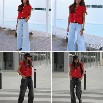 FindThy Women’s Cropped Sweater Vest Cute Crewneck Button Down Sleeveless Crop Knit Cardigan with Pocket(4056-White-M-LB)