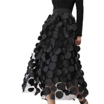 Tulle Skirt Women 3D Polka Dot Elastic Waist Mesh Flowy A-Line Midi Skirts Wedding Halloween Party O...