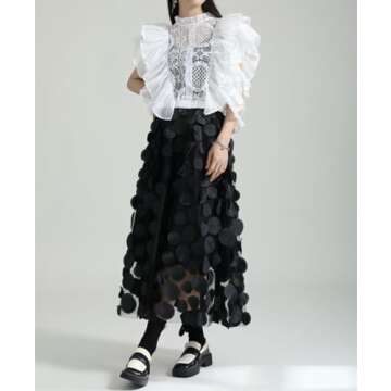 Tulle Skirt Women 3D Polka Dot Elastic Waist Mesh Flowy A-Line Midi Skirts Wedding Halloween Party Outfit (Black, One Size)