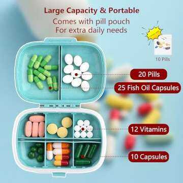 [5 Pack] Travel Pill Organizer 8 Compartments Easy Open Lid Portable Pill Case Daily Pill Organizer Moisture Proof Small Pill Box for Pocket (Blue+Gray+Pink+Khaki+Green)