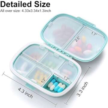 [5 Pack] Travel Pill Organizer 8 Compartments Easy Open Lid Portable Pill Case Daily Pill Organizer Moisture Proof Small Pill Box for Pocket (Blue+Gray+Pink+Khaki+Green)