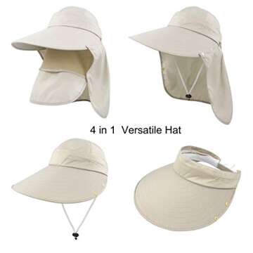 Women Summer Sun Protection Hat Wide Brim UV Hats Removable Neck Face Flap Cap with Ponytail Hole for Fishing Climbing Gardening Beige
