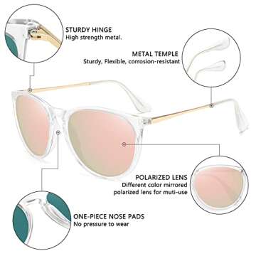 Sunglasses Women Trendy Polarized Vintage Womens Mens Round Sunglasses UV 400 Protection (3 Pack) (Black+Clear Pink+Leopard Brown)