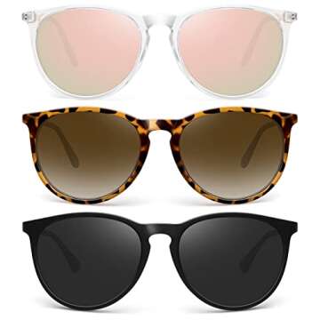 Sunglasses Women Trendy Polarized Vintage Womens Mens Round Sunglasses UV 400 Protection (3 Pack) (Black+Clear Pink+Leopard Brown)