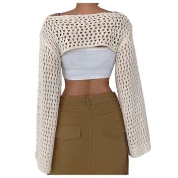 COZYEASE Women's Hollow Out Crochet Top Knit Long Sleeve Cropped Shrug Sweater Y2k Tops Apricot L