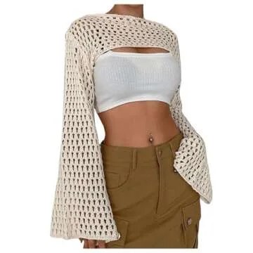COZYEASE Women's Hollow Out Crochet Top Knit Long Sleeve Cropped Shrug Sweater Y2k Tops Apricot L