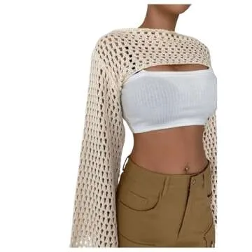 COZYEASE Women's Hollow Out Crochet Top Knit Long Sleeve Cropped Shrug Sweater Y2k Tops Apricot L
