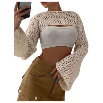 COZYEASE Women's Hollow Out Crochet Top Knit Long Sleeve Cropped Shrug Sweater Y2k Tops Apricot L