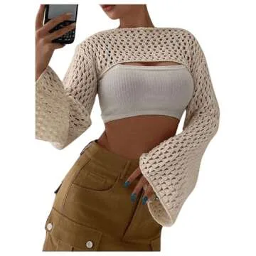 COZYEASE Women's Hollow Out Crochet Top Knit Long Sleeve Cropped Shrug Sweater Y2k Tops Apricot L