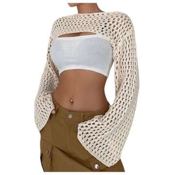 COZYEASE Women's Hollow Out Crochet Top Knit Long Sleeve Cropped Shrug Sweater Y2k Tops Apricot L
