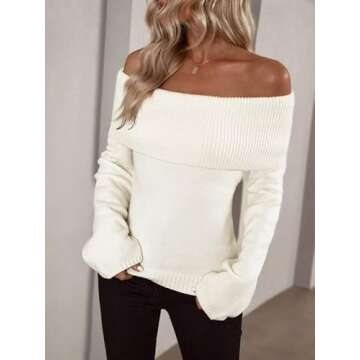 Labolliy Women Off Shoulder Fold Over Long Sleeve Sweaters Casual Solid Ribbed Knit 2023 Fall Pullover Jumper Tops Beige