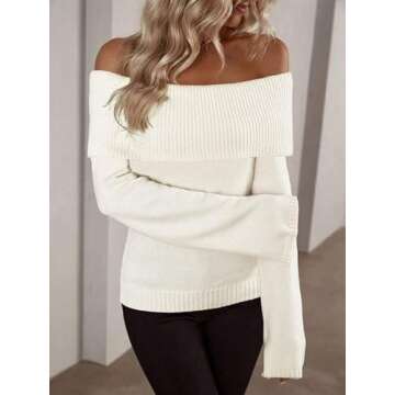 Labolliy Women Off Shoulder Fold Over Long Sleeve Sweaters Casual Solid Ribbed Knit 2023 Fall Pullover Jumper Tops Beige