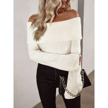 Labolliy Women Off Shoulder Fold Over Long Sleeve Sweaters Casual Solid Ribbed Knit 2023 Fall Pullover Jumper Tops Beige