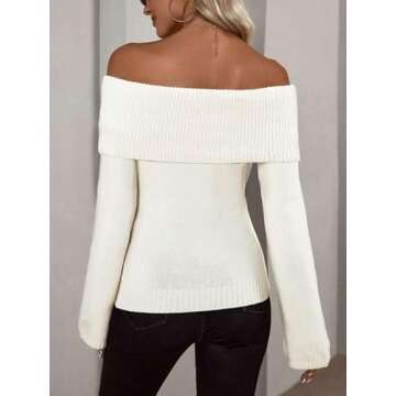 Labolliy Women Off Shoulder Fold Over Long Sleeve Sweaters Casual Solid Ribbed Knit 2023 Fall Pullover Jumper Tops Beige