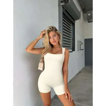 OQQ Women Yoga Rompers Sleeveless Stretch Square Neck Tea Leaf