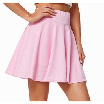 Sinono Basic Stretchy Solid Flared Casual Mini Pleated Skater Skirt (Medium, Pink)