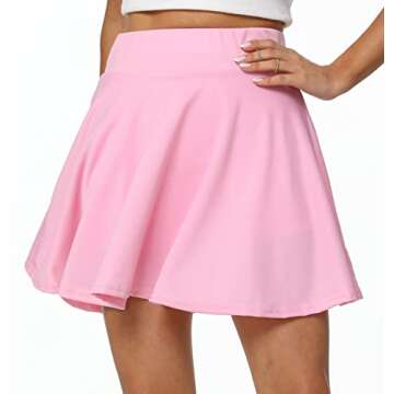 Sinono Basic Stretchy Solid Flared Casual Mini Pleated Skater Skirt (Medium, Pink)