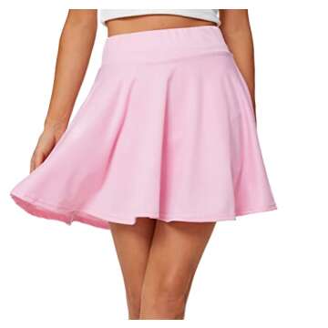 Sinono Basic Stretchy Solid Flared Casual Mini Pleated Skater Skirt (Medium, Pink)