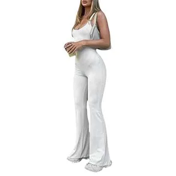 SOLILOQUY Women’s Y2K Tank Jumpsuit Square Neck Solid Yoga Romper Long Sleeve Bodycon Crisscross Back One Piece Bodysuit (White Tank Jumpsuit, L)