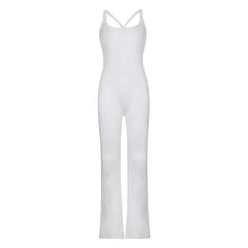 SOLILOQUY Women’s Y2K Tank Jumpsuit Square Neck Solid Yoga Romper Long Sleeve Bodycon Crisscross Back One Piece Bodysuit (White Tank Jumpsuit, L)