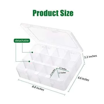 iBune 12 Grids Plastic Compartment Container, Bead Storage Organizer Box Case with Adjustable Removable Dividers for Jewelry Craft Tackles Tools, Size 8.8 x 7.1 x 2.3 in, White